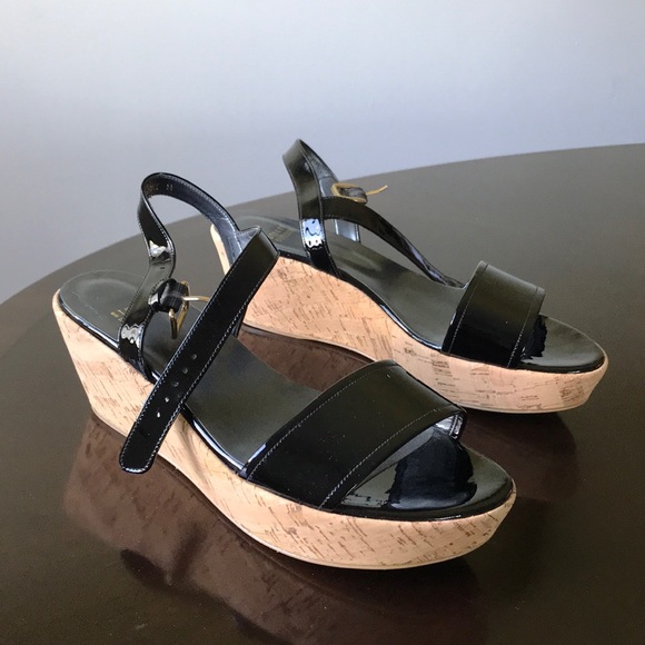 Glossy blk Stuart Weitzman 9.5M Open Toe Platforms - Picture 1 of 8